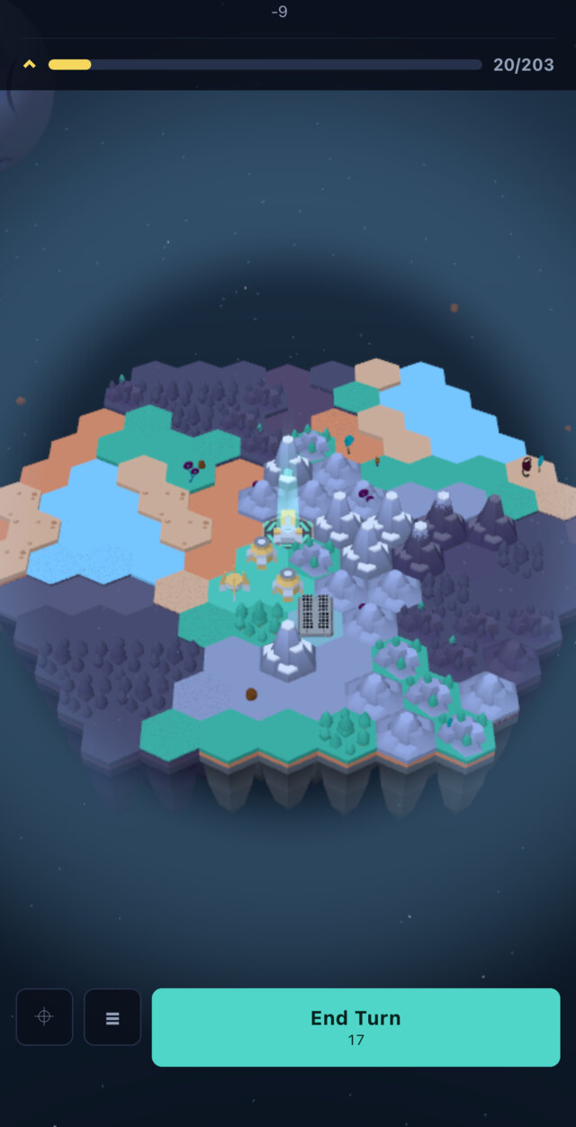 A mid-game sector: held ground in cyan, the blight already over the rim