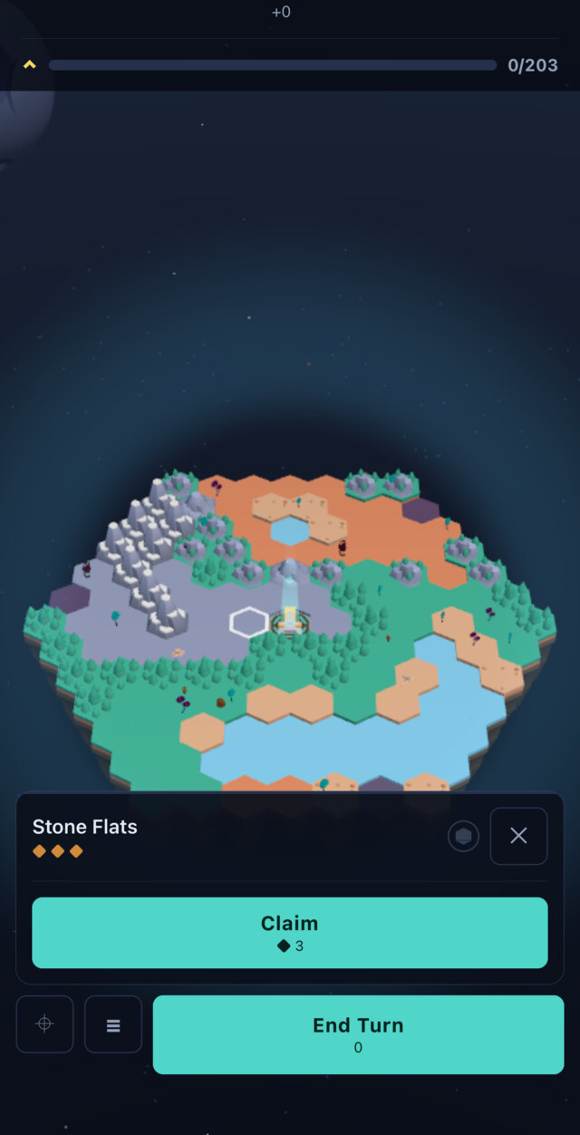 The tile inspector open on stone flats at full richness, three ore to claim