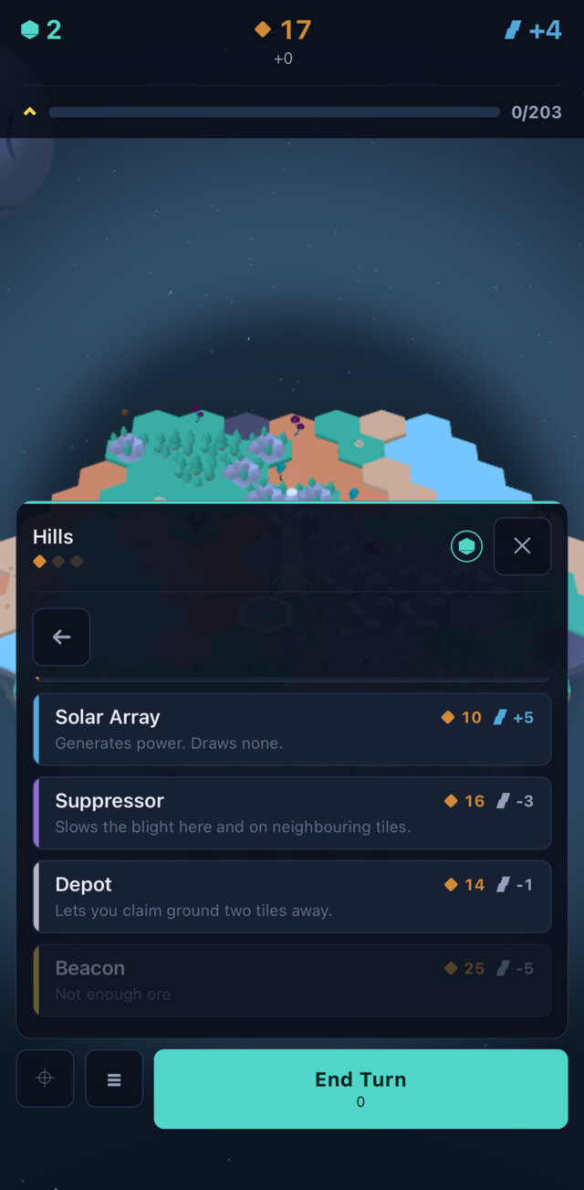 The build menu, with the beacon greyed out and labelled not enough ore